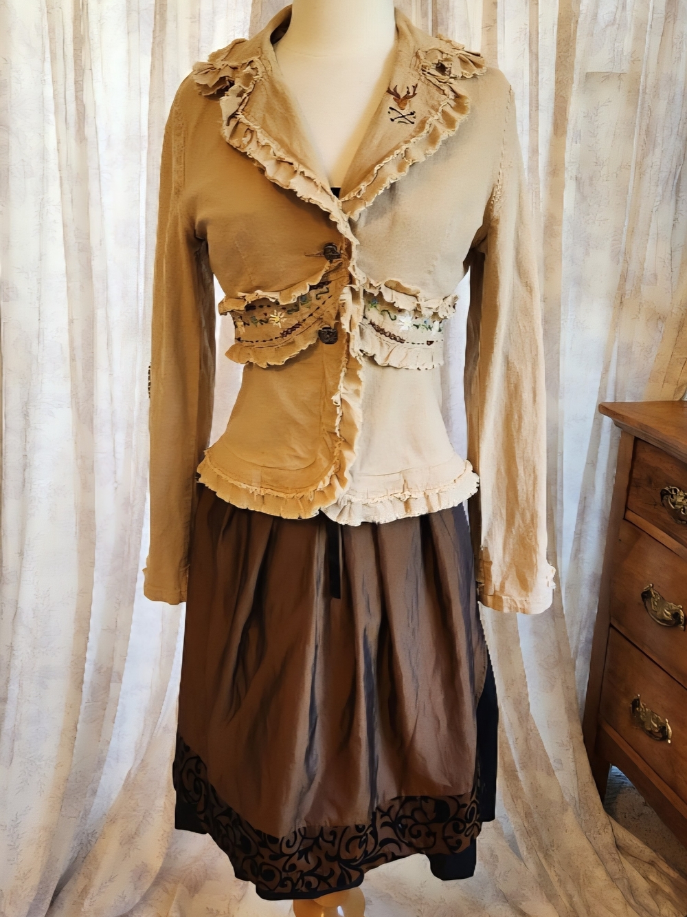 Romantic Alpine Ruffled Jean Jacket with Hand Embroidery - Picture 3 of 8